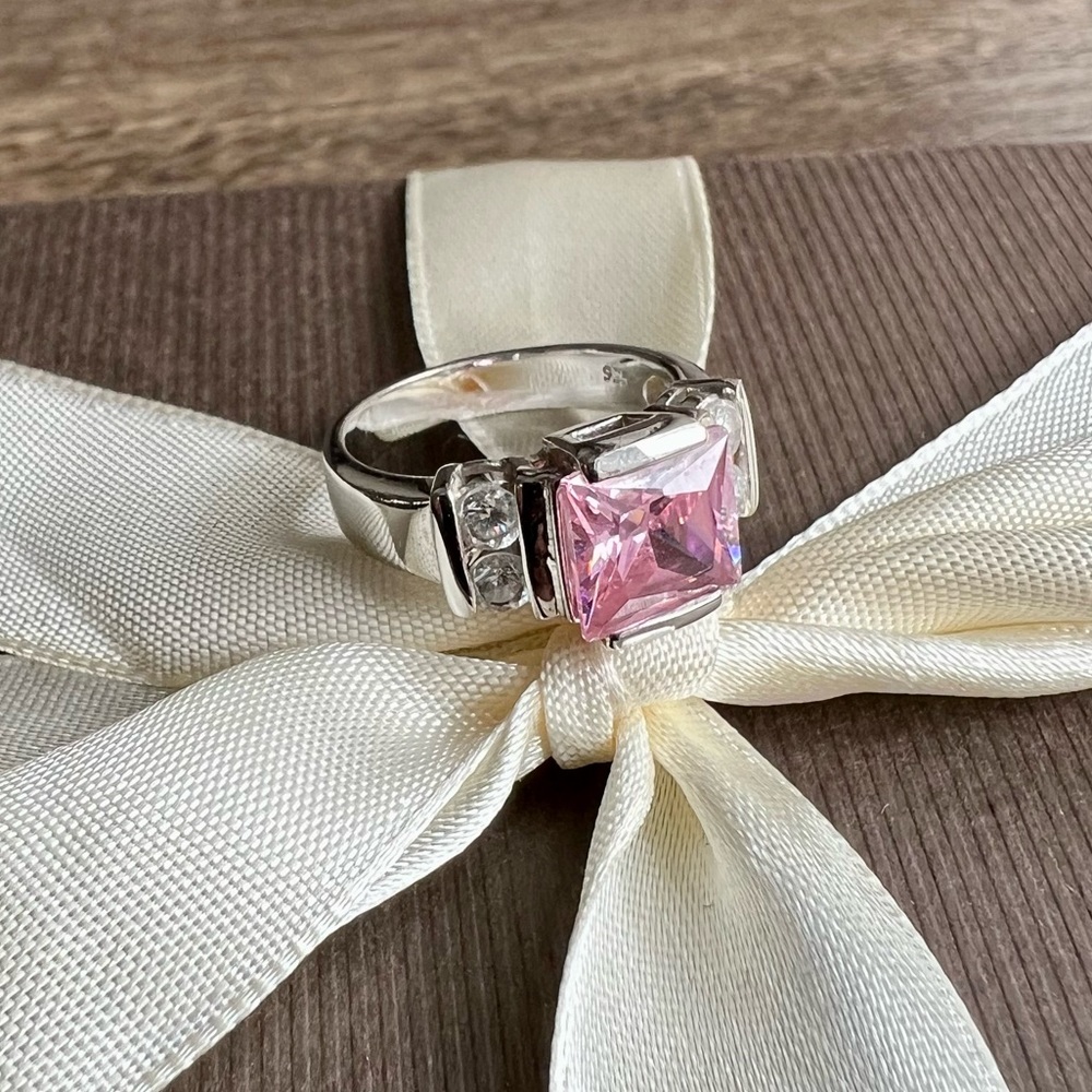Sterling Silver 925 Engagement Ring with Large Pink Stone and  Cubic Zirconias